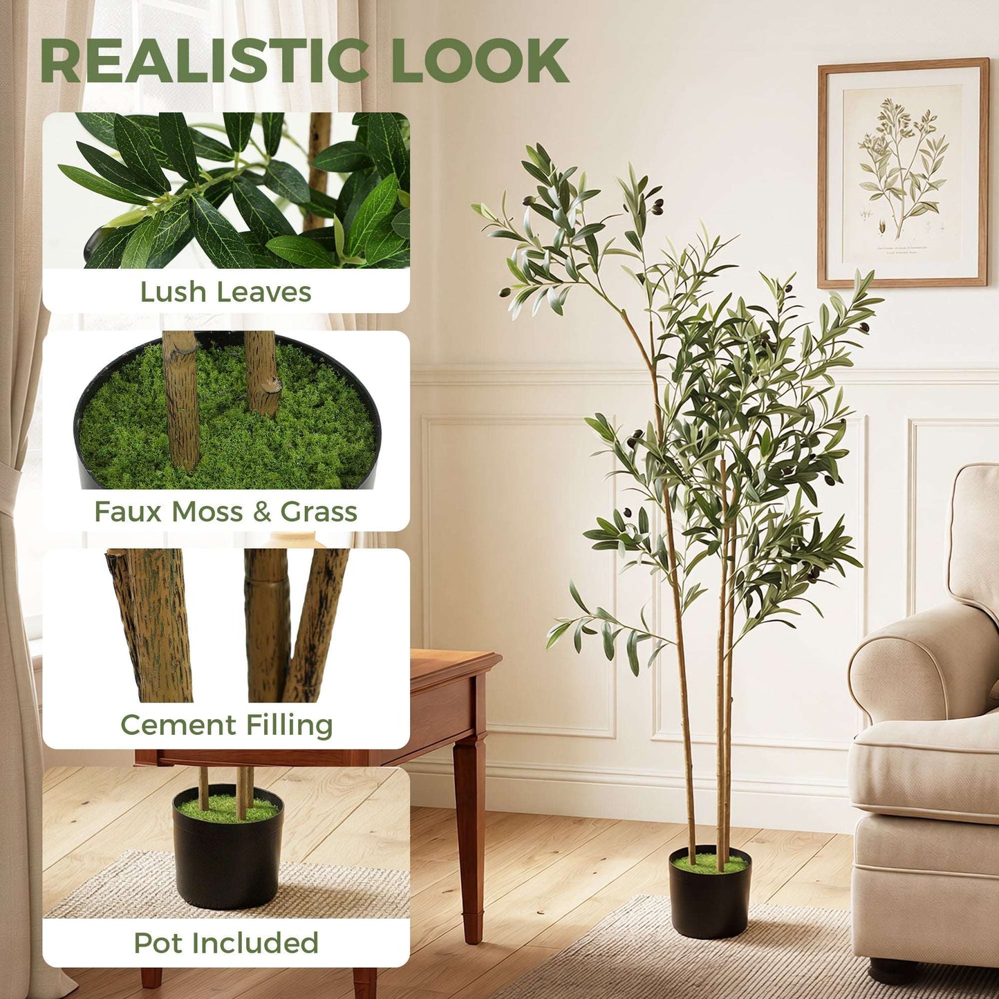 Artificial Olive Tree | 148cm | 553 Silk Leaves | Shapeable Branches | Cement Pot | No Maintenance | Green