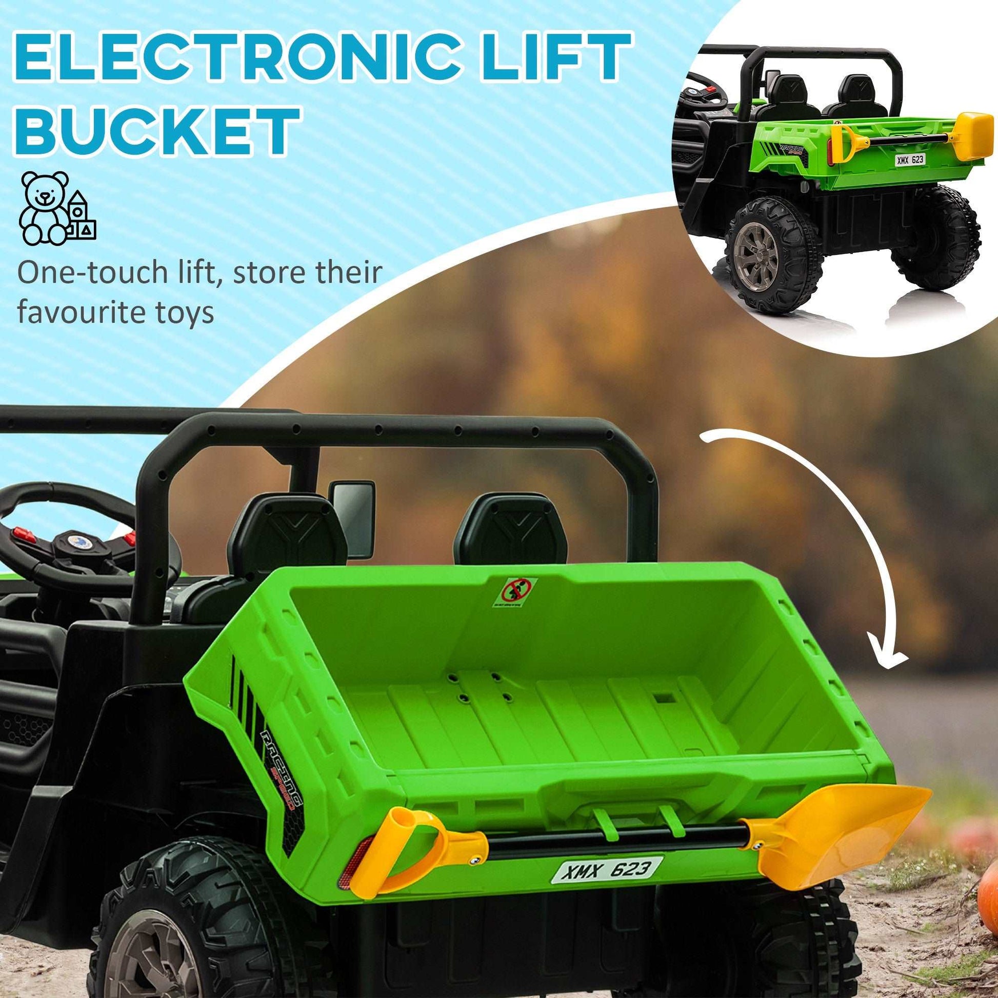 12V Two-Seater Kids Electric Ride-On Car, with Electric Bucket, Remote Control - Green