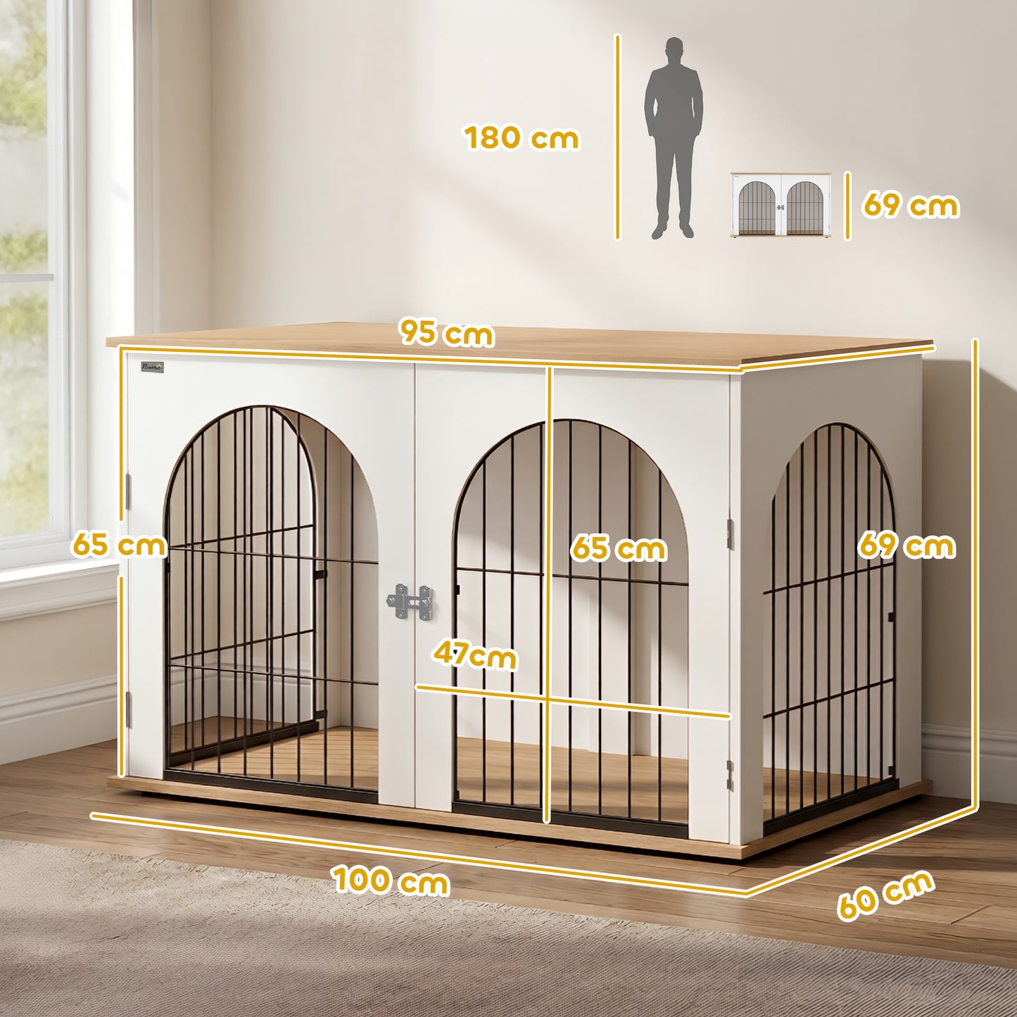 Dog Crate Furniture Side Table | Double Doors | Arched Wood-Grain Design | Large Dogs up to 30kg | 100 x 60 x 69cm | White