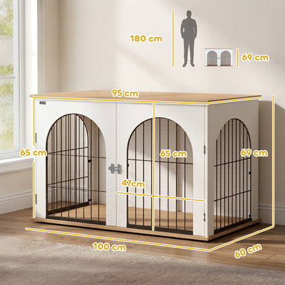 Dog Crate Furniture Side Table | Double Doors | Arched Wood-Grain Design | Large Dogs up to 30kg | 100 x 60 x 69cm | White