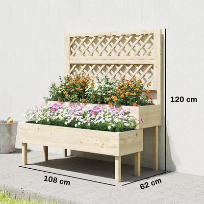 2-Tier Stepped Raised Garden Bed with Trellis | Fir Wood | 2 Planter Boxes with Liners | Drainage Gaps | 40kg Capacity | Ergonomic Tiered Design | 108x62x120cm | Natural Wood