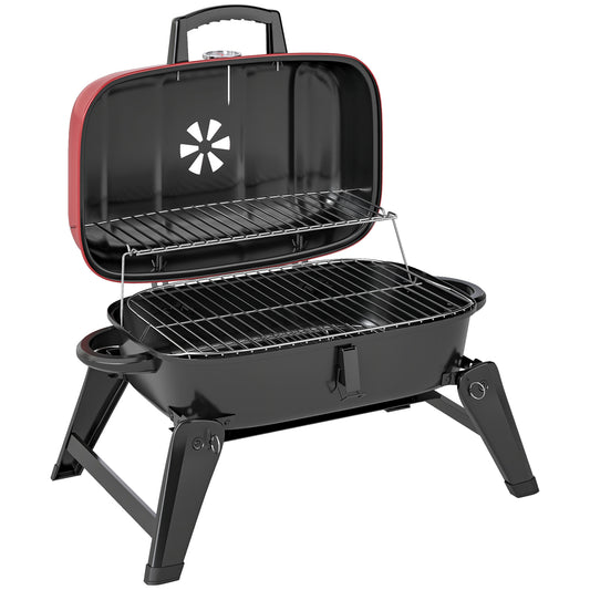 Charcoal Camping Picnic Barbecue Grill Folding BBQ Grill with 1232 cm² Cooking Area, Adjustable Vent, Thermometer, Handles, Red