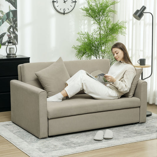 2 Seater Sofa Bed, Convertible Bed Settee, Modern Fabric Loveseat Sofa Couch with 2 Cushions, Hidden Storage for Living Room, Light Brown