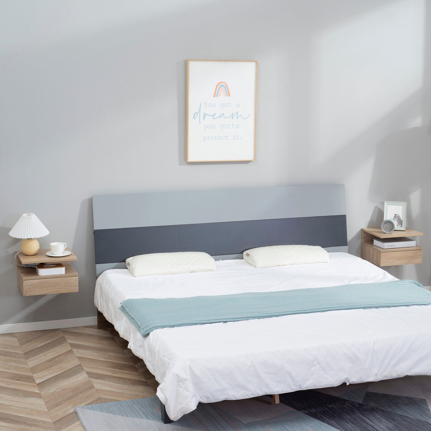 Floating Bedside Cabinet with Drawer and Open Shelf, Wall Mounted Nightstands, Bedside Table with Storage, Oak Tone