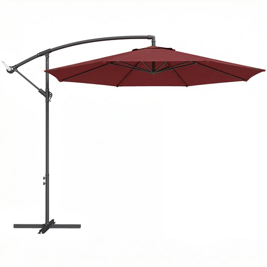 3m Cantilever Parasol with Cross Base | Crank Lift | Adjustable Angle | UV Resistant | 8-Rib | Wine Red
