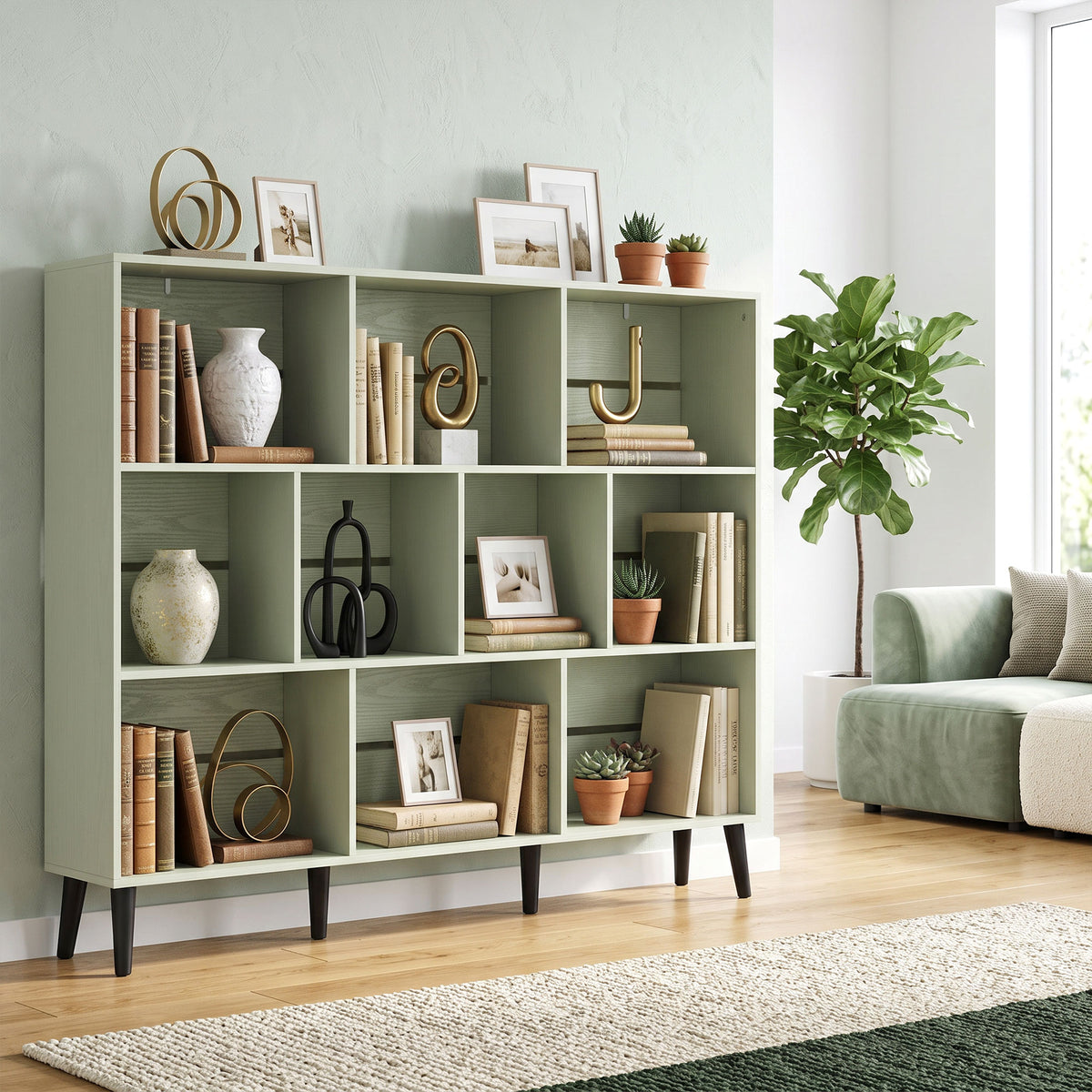 Cube Bookcase | 10-Cube Light Green & White 3-Tier Open Storage Shelf with Pine Legs