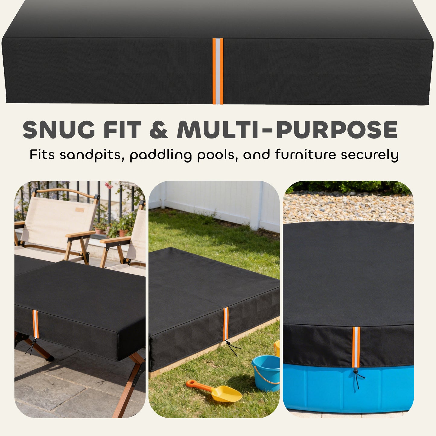 Sandpit Cover Waterproof & UV Protection – 420D Oxford Cloth, Dual Drawstring & Elastic Fix, Reflective Strips, Fits 123–127cm Sandpits, Storage Bag Included – Black