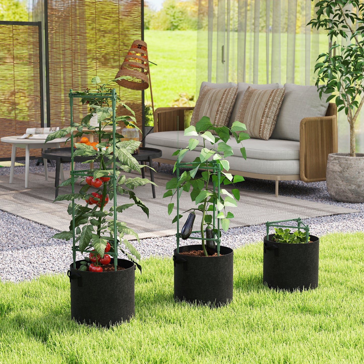 Outsunny 3 Packs Tomato Cages with 83.7L Grow Bags, 47.2" Adjutstable Triangle Plant Stakes Support Trellis with Planter Bags