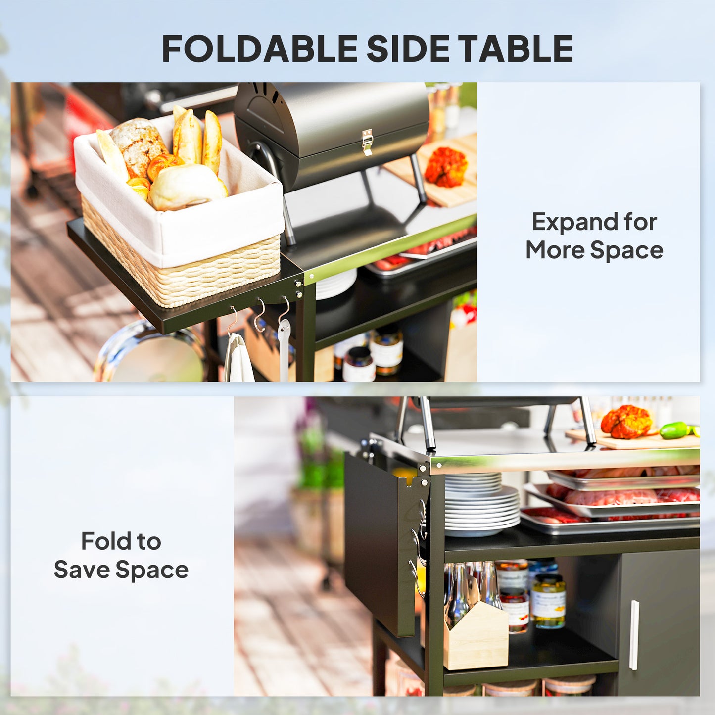 Outdoor BBQ Trolley with Foldable Side Table, Stainless Steel Top, Movable Outdoor Kitchen with Wheels Hooks Shelves Cabinet, Pizza Oven Table