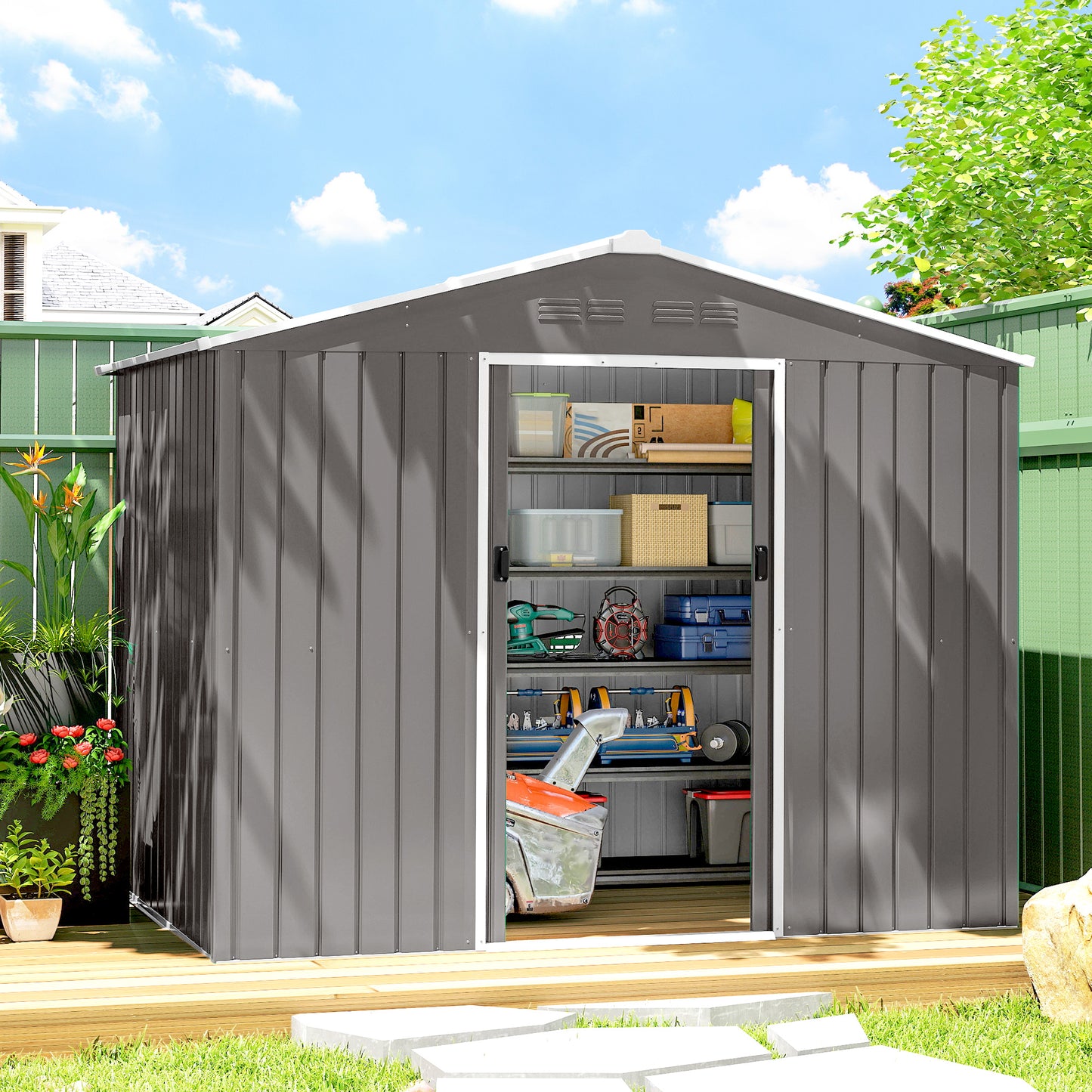 Large Galvanised Steel Garden Storage Shed | Double Sliding Door | 4 Ventilation Slots | Sloped Roof | 20kg/m² Snow Load | 236x171x191cm | Bikes Scooters Tools & Bins | Light Grey