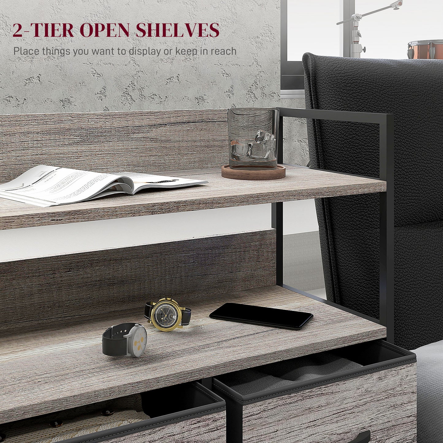 Retro Style Rustic Chest of Five Fabric Drawers - Grey Wood Effect