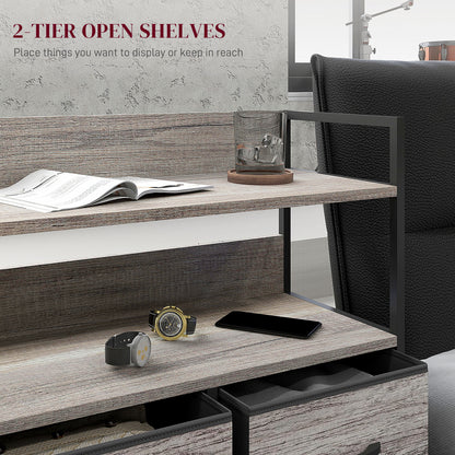 Retro Style Rustic Chest of Five Fabric Drawers - Grey Wood Effect