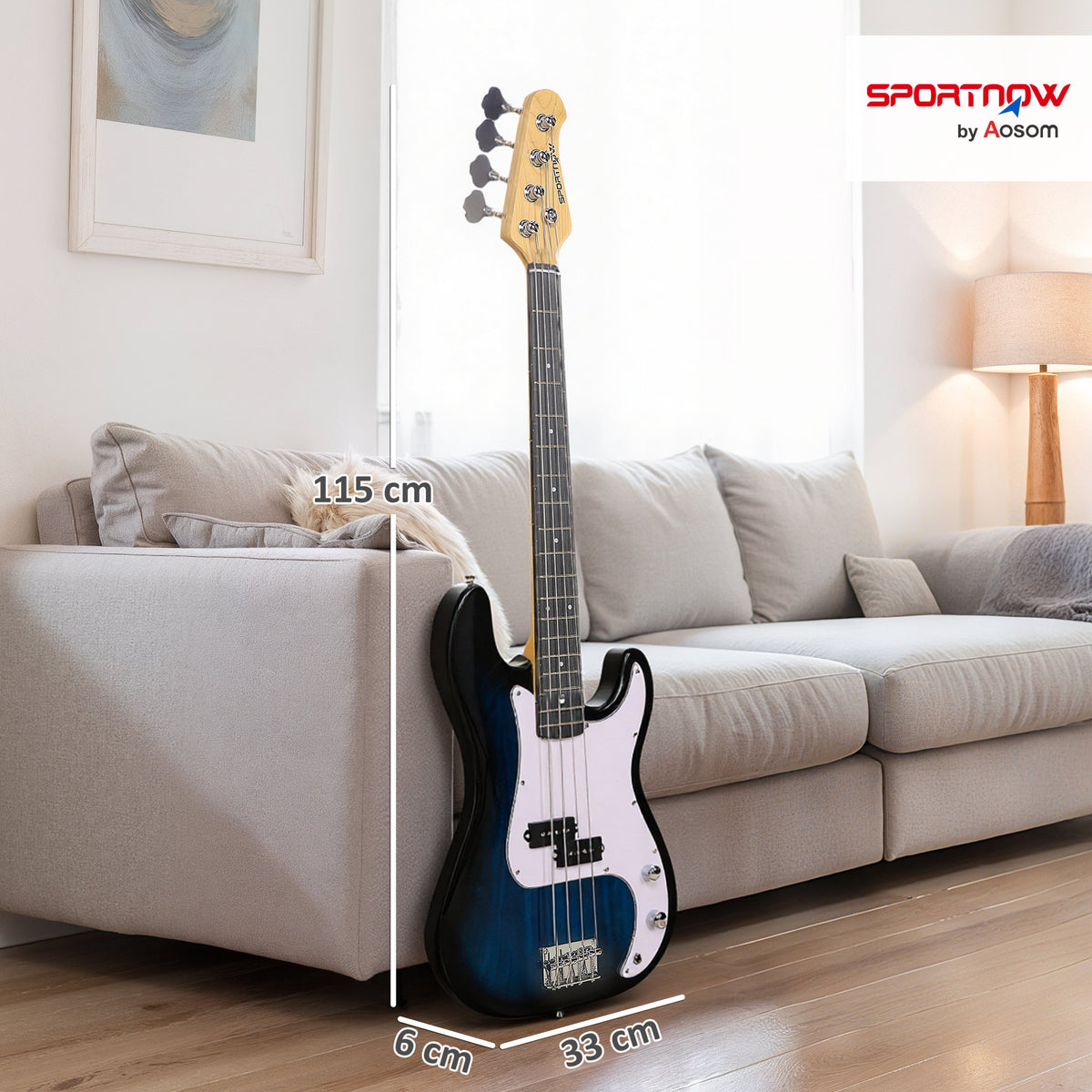 SPORTNOW 4-String Full-Size Electric Bass Guitar | Blue | 115x33x6cm | Maple Neck & Fretboard | Platane Body | Right-Hand | 15W Amp | Gig Bag | Strap | 3 Picks | 2.5m Cable | Beginner Set