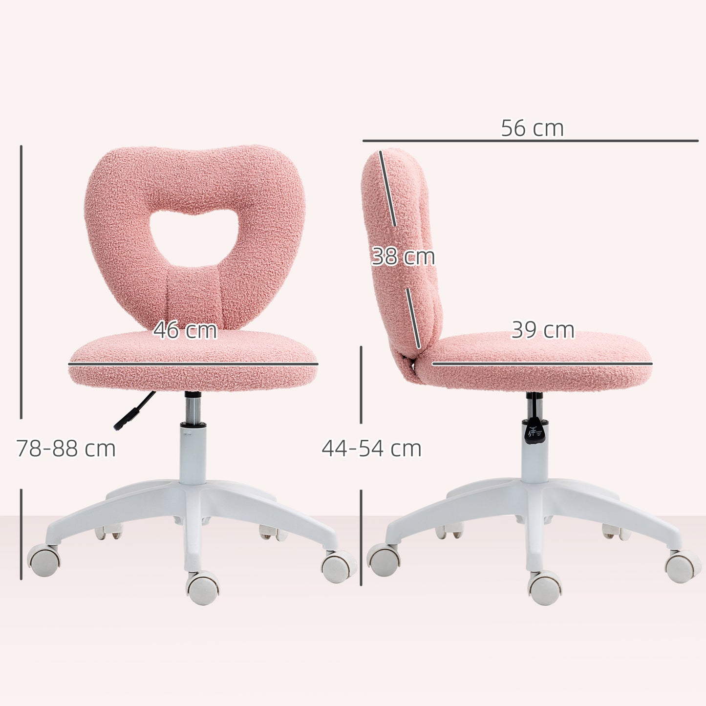Armless Heart Computer Desk Chair, Teddy Fleece Swivel Office Chair, Makeup Vanity Chair with Height Adjustable, Wheels, for Home Bedroom Pink