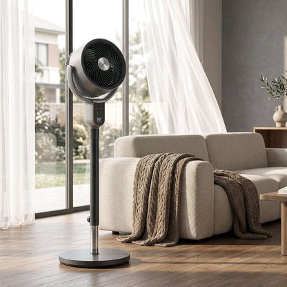 Pedestal Standing Fan | Turbo Mode | 20dB Sleep Mode | 8 Speeds | 16m³/min Airflow | 90° Oscillation | Aromatherapy Pad | Detachable Washable Grill | 5m Remote | 12H Timer | 50W | 83-107cm | Grey