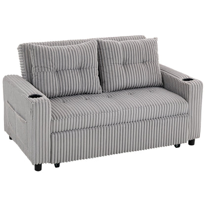 2 Seater Click Clack Sofa Bed with Pull Out Design, Corduroy Upholstery - Light Grey