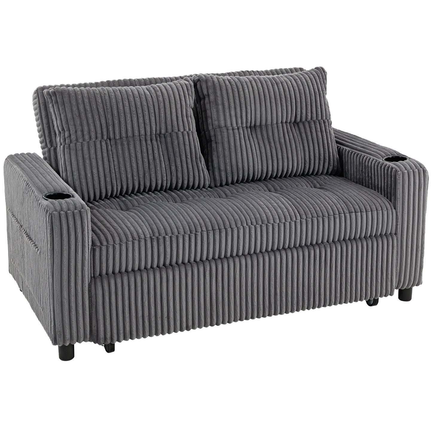 2 Seater Click Clack Sofa Bed with Pull Out Design, Corduroy Upholstery - Charcoal Grey
