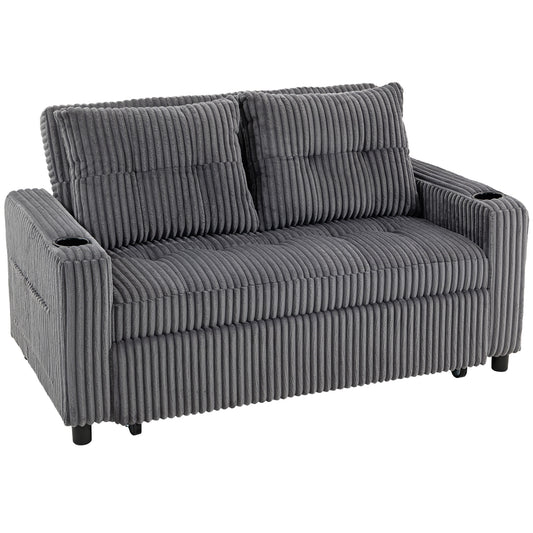 2 Seater Click Clack Sofa Bed with Pull Out Design, Corduroy Upholstery - Charcoal Grey