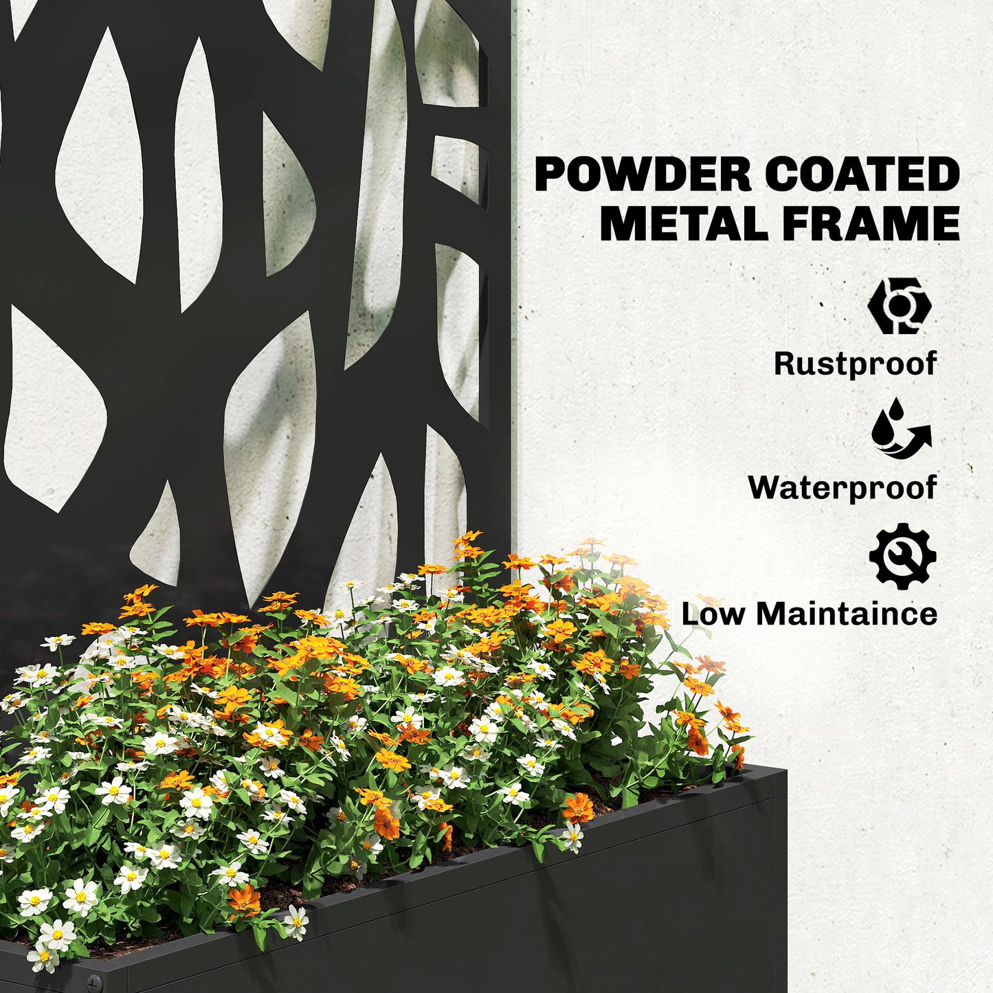 Metal Raised Garden Bed with Trellis & Privacy Screen | Powder-Coated Steel | 20L Soil | 30kg Capacity | 61x89cm Trellis | 61x23x113cm | Balcony & Patio | Climbing Plants | Black
