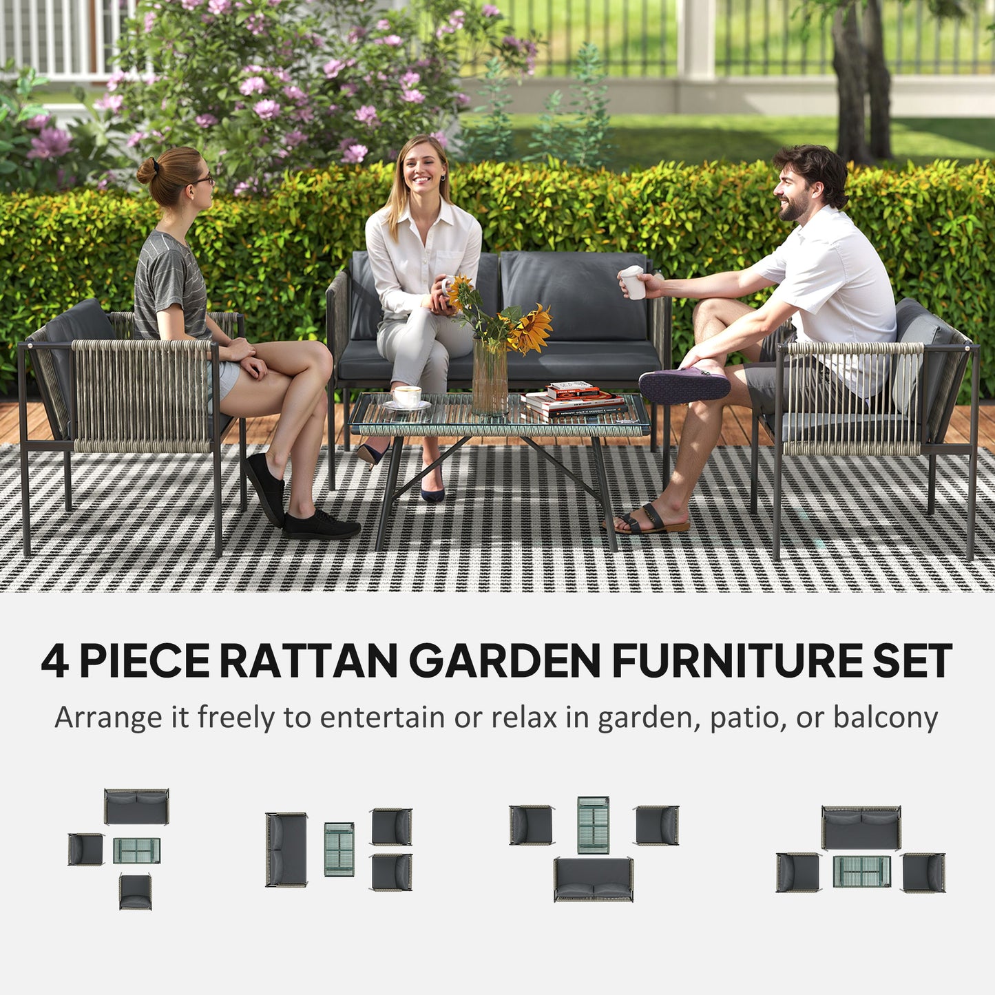 4 Piece Rattan Garden Furniture Set, 4 Seater Wicker Outdoor Furniture Set with 2 Armchairs, Loveseat, Glass Top Coffee Table, Grey
