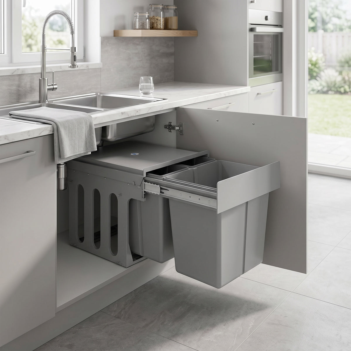 Under Sink Pull Out Bin 31L | 3 Removable Compartments 15L + 2x8L | Damped Metal Rails | Odour-Seal Lid | Child & Pet Resistant | For 400mm Cabinets | ABS PP | Light Grey | 48x34.3x35.1cm