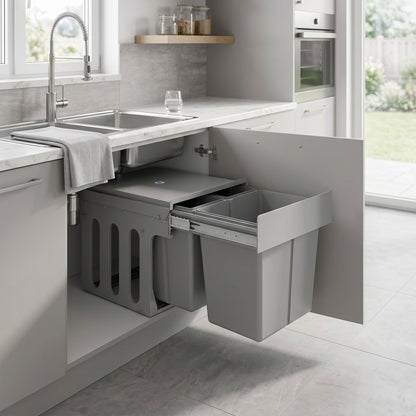 Under Sink Pull Out Bin 31L | 3 Removable Compartments 15L + 2x8L | Damped Metal Rails | Odour-Seal Lid | Child & Pet Resistant | For 400mm Cabinets | ABS PP | Light Grey | 48x34.3x35.1cm