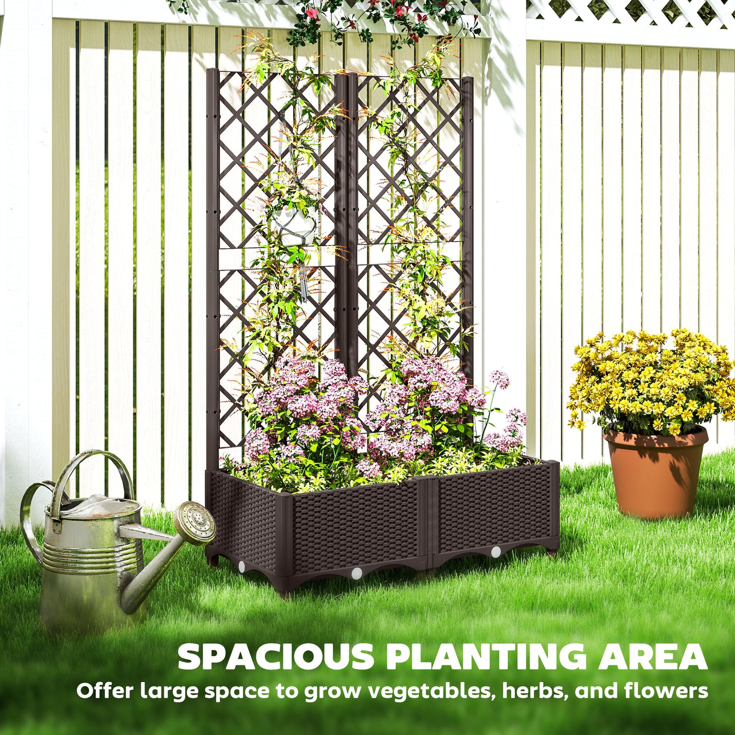 PP Raised Garden Bed with Trellis | 8 Drainage Holes & Drain Plugs | 20kg Capacity | 80x40x123cm | Indoor & Outdoor | Climbing Plants Veg & Flowers | Brown