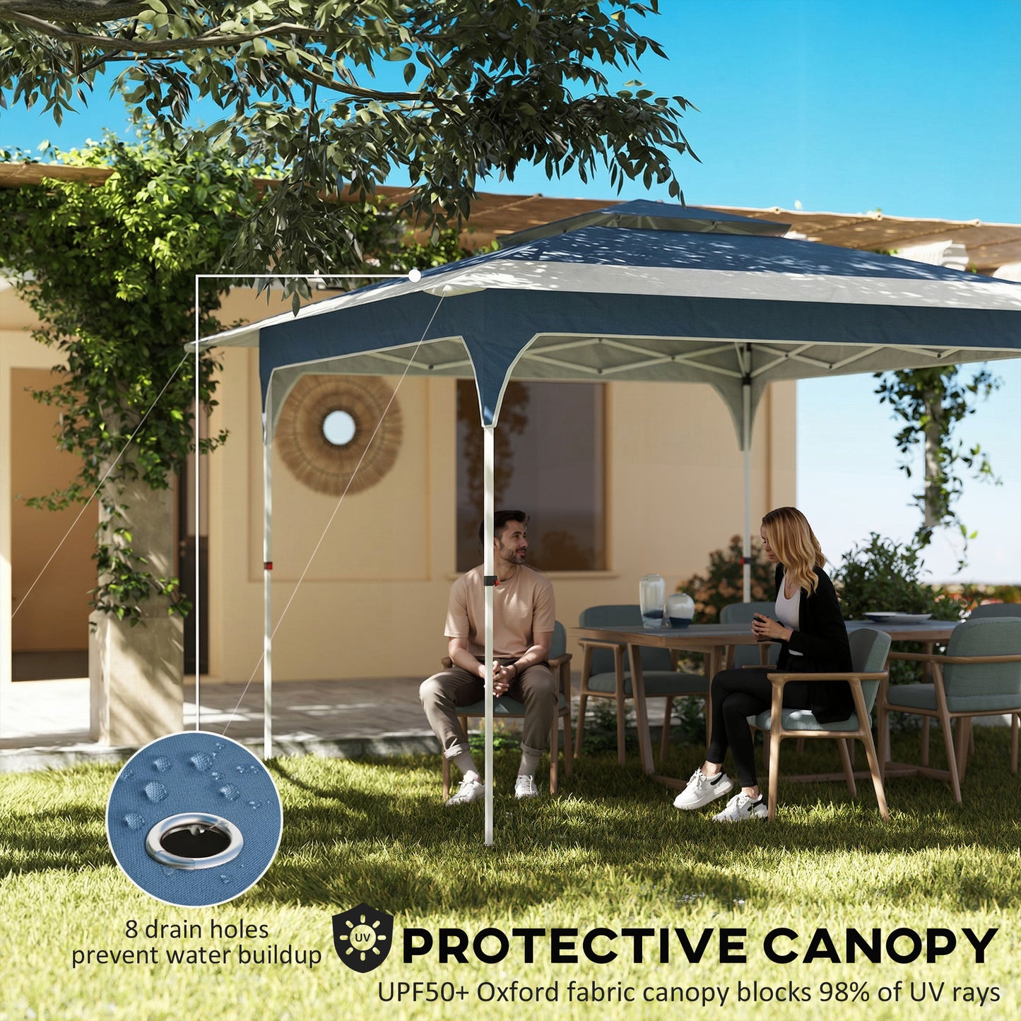 3.5x3.5m Pop Up Gazebo | One-Push Central Lock | Double-Tier UPF50+ 210D Oxford Fabric | 8 Rainwater Holes | 3 Height Settings | Windproof Level 4-6 | Snow Rated | Ropes & Stakes | Carry Bag | Blue & White