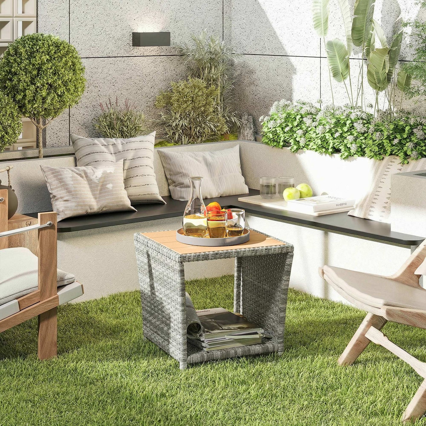 2-Tier Outdoor Rattan Side Table | PS Wood-Plastic Slat Top | PE Wicker | Powder-Coated Frame | UV-Resistant | 50kg | 45x45x43cm | Light Grey