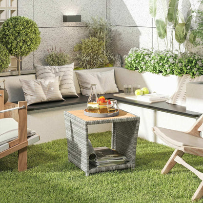 2-Tier Outdoor Rattan Side Table | PS Wood-Plastic Slat Top | PE Wicker | Powder-Coated Frame | UV-Resistant | 50kg | 45x45x43cm | Light Grey