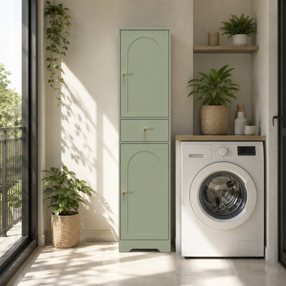 Tall Slim Bathroom Cabinet | Light Green | Particleboard MDF | 40x29.5x170cm | 2 Cupboards Drawer | Adjustable Shelf | Arched Doors Gold Knobs | Melamine | Anti-Tip Kit | 75kg