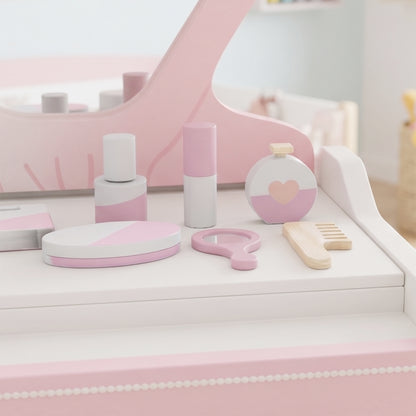 Kids Vanity Table | Girls Dressing Table | 4 Lights | Mirror | Drawer | 8 Accessories | Ages 3–6 | 31x27x33.2cm | Pink