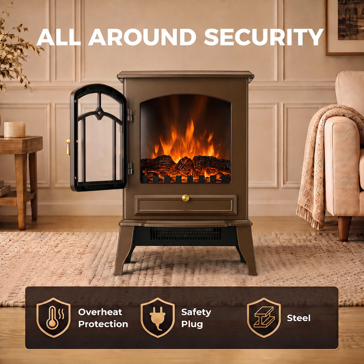 3-Sided Electric Fireplace Stove Heater | 1000/2000W Freestanding 3D Flame Effect with 10-35°C Thermostat | 15-30 m² | Brown, Grey or Black
