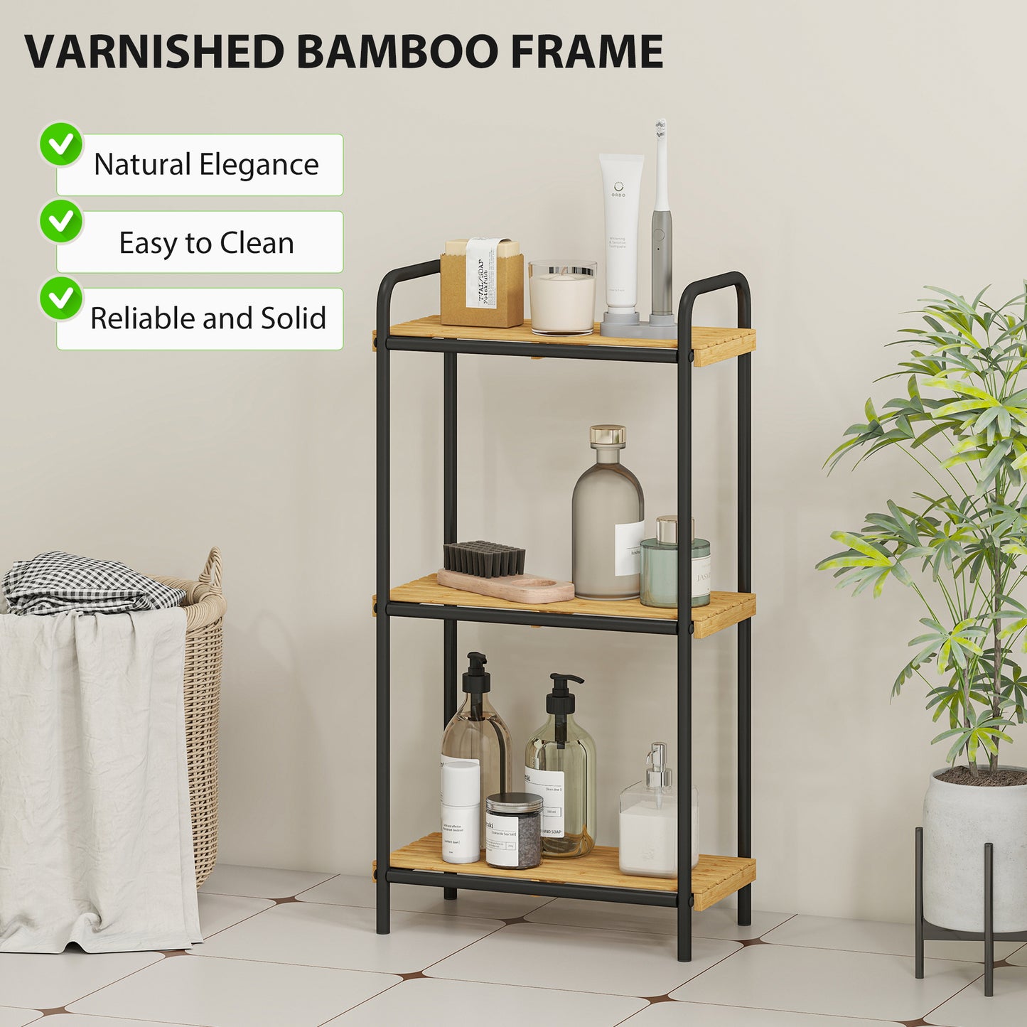 3-Tier Bamboo Bathroom Storage Shelf, Freestanding Narrow Shelving Unit with Slatted Shelves for Kitchen Bathroom Living Room, 41.5 x 21.5 x 77.5 cm, Natural and Black