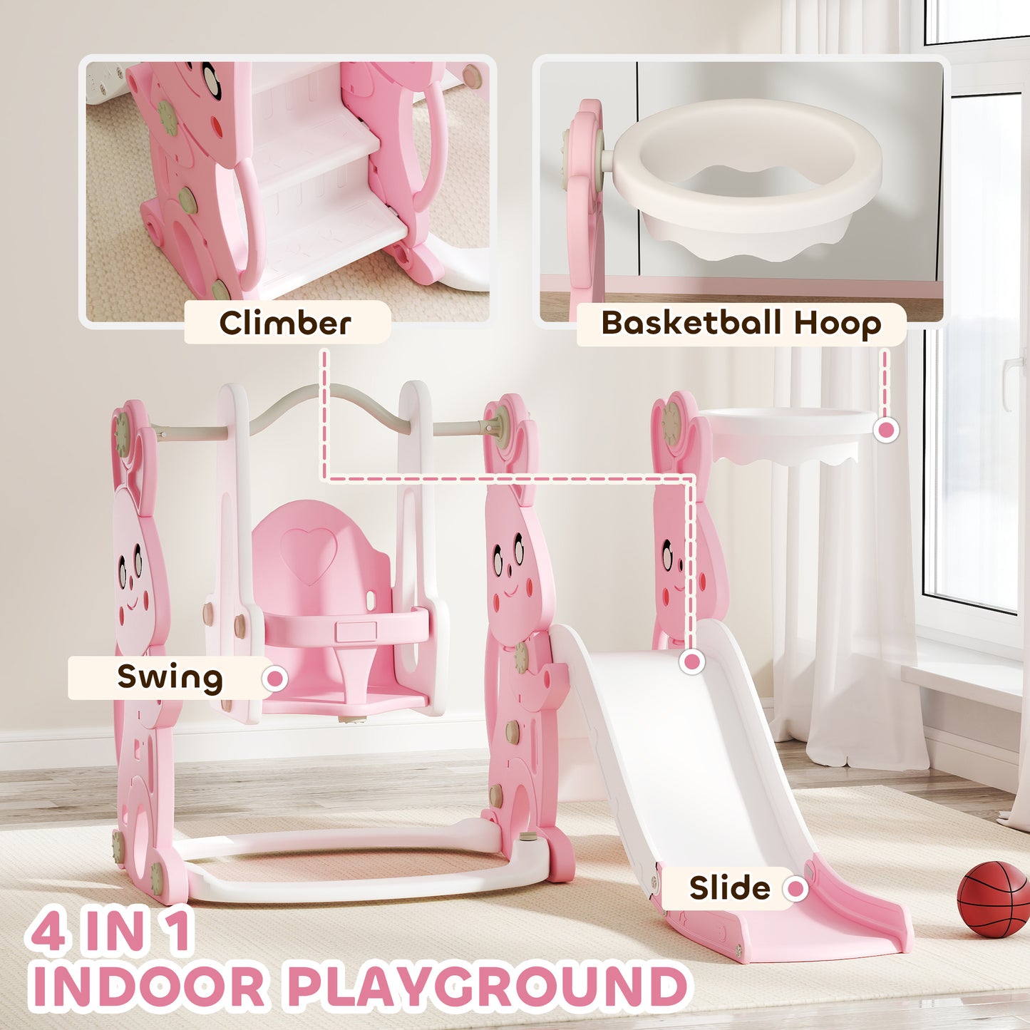 AIYAPLAY 4 in 1 Kids  Baby Toddler Slide and Swing Set with Climber, Basketball Hoop, Rabbit-Themed, Pink