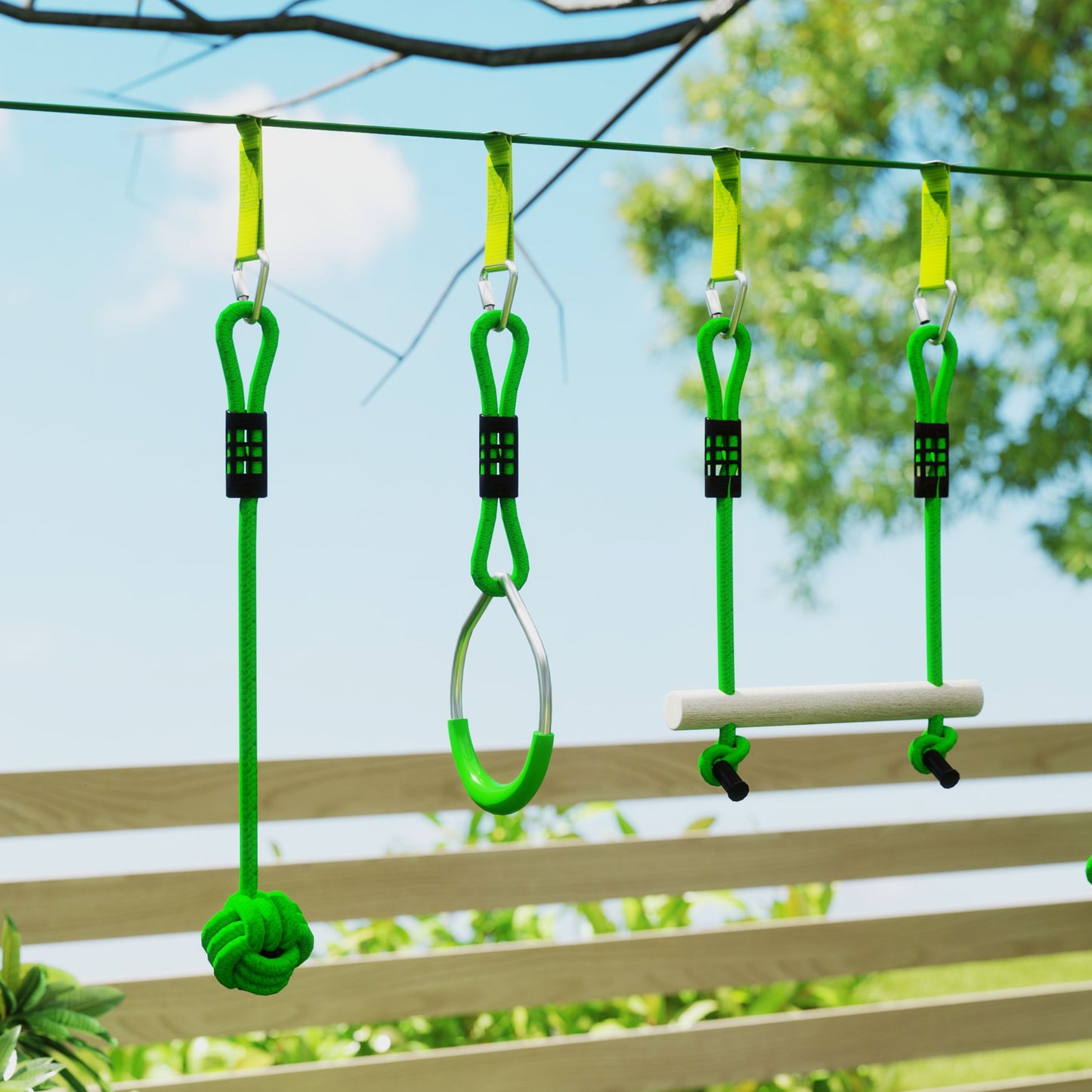 AIYAPLAY 3 Piece Kids Zip Line Kit for Garden, 10m Kids Slackline Kit with Wooden Monkey Bars, Metal Rings, Gripping Balls, Green