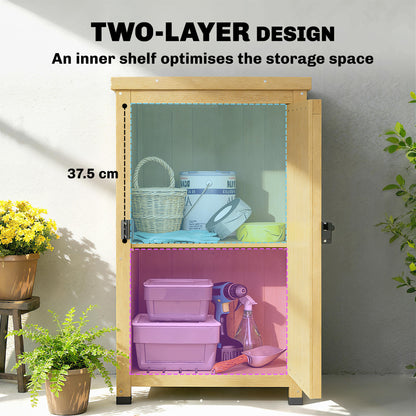 Compact Fir Wood Garden Storage Cupboard | Galvanised Metal Top | 2-Tier Shelf | Metal Clasp Door | 7.5cm Raised Feet | 45x45x85cm | Patio & Balcony | Light Brown