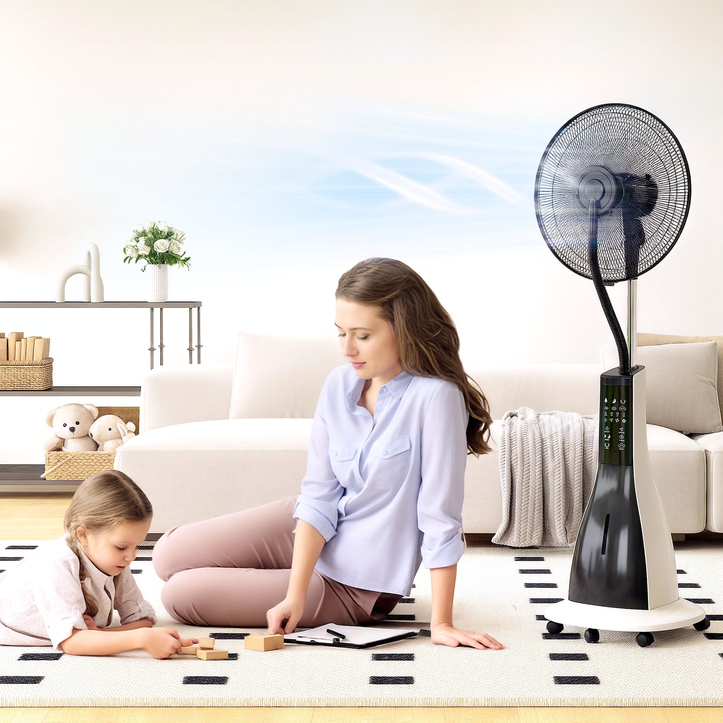 Pedestal Fan with Water Mist Spray, Spray Misting Fan with 75° Oscillation, 3L Water Tank, Wheels, for Home, 125 cm