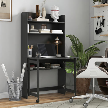 Foldable Computer Desk | Storage Shelves | 80 x 69 x 155 cm | Black
