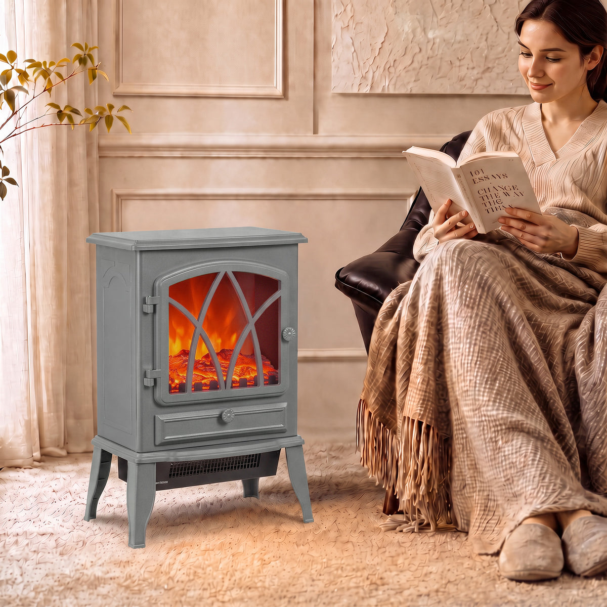 Electric Fireplace Stove | Grey Freestanding 2000W Heater with Adjustable LED Flame & Thermostat