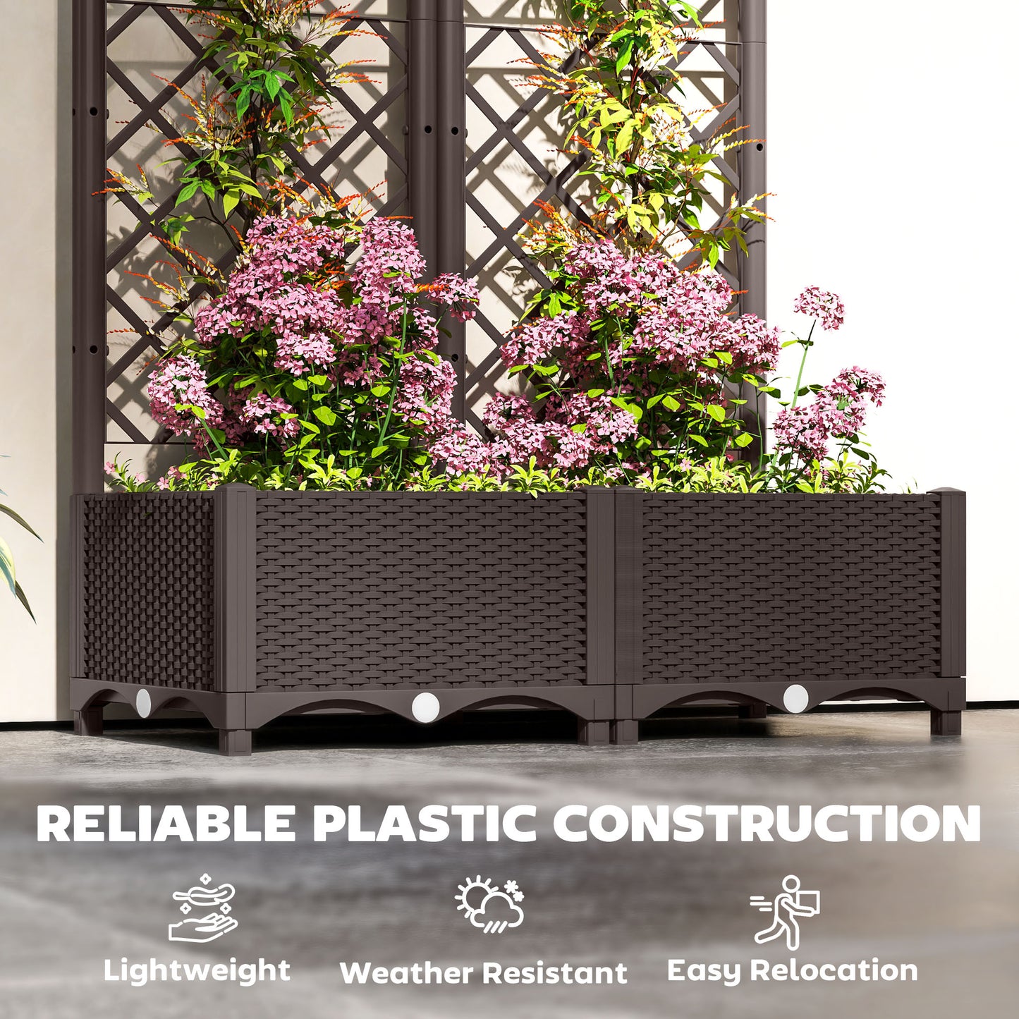 PP Raised Garden Bed with Trellis | 8 Drainage Holes & Drain Plugs | 20kg Capacity | 80x40x123cm | Indoor & Outdoor | Climbing Plants Veg & Flowers | Brown