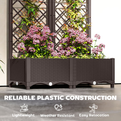 PP Raised Garden Bed with Trellis | 8 Drainage Holes & Drain Plugs | 20kg Capacity | 80x40x123cm | Indoor & Outdoor | Climbing Plants Veg & Flowers | Brown