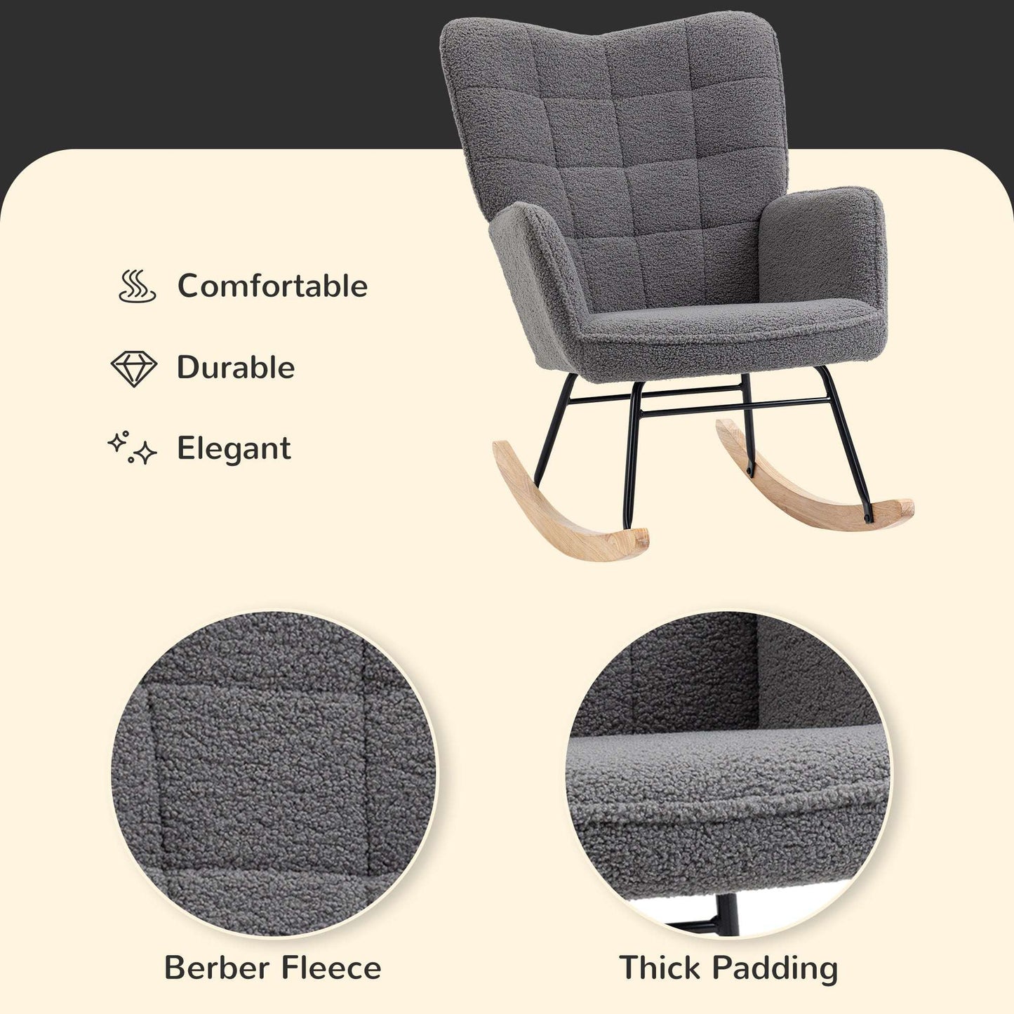 Wingback Rocking Chair & 2 Nesting Coffee Tables Set | Soft Fleecy Upholstery | High Back | Wooden Rocking Base | Scandi-Style Legs | MDF Tabletops | 120kg Capacity | White & Dark Grey