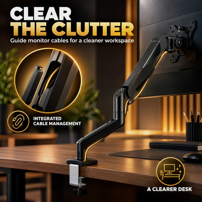 Single Monitor Arm | Up to 32 Inch & 10kg | Gas Spring Height Adjustment, Tilt, Swivel & 360° Rotation | Black Steel
