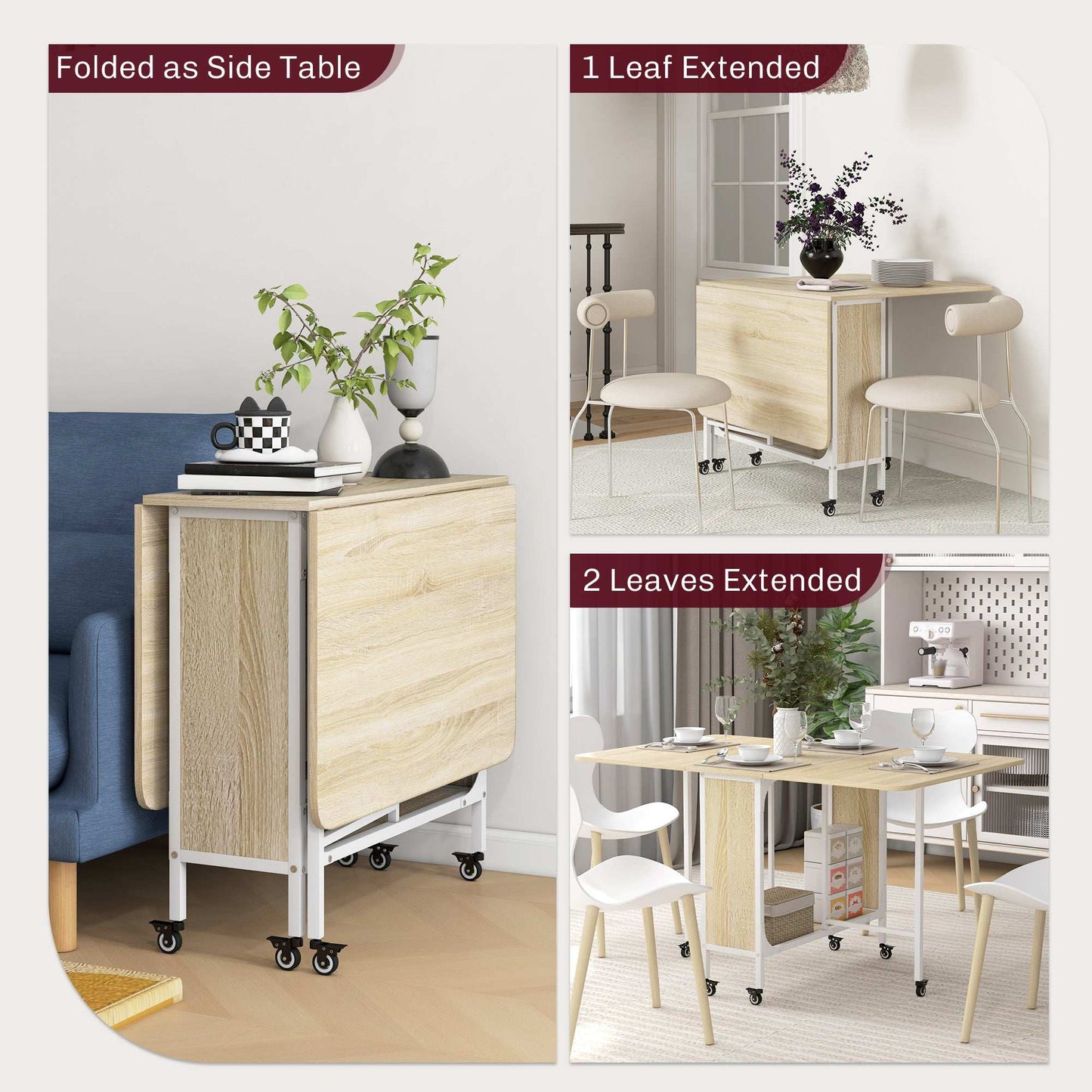 Retro Style Mobile Drop Leaf Table Folding Kitchen Table Extendable Dining Table For Small Spaces With 6 Wheels & Storage Shelf Natural Wood Finish