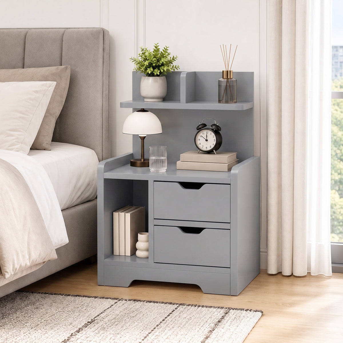 Bedside Table with 2 Drawers & Open Shelves | Grey Particleboard | 40x30x60cm | 30kg | Cut-Out Handles | Rounded Corners | Top & Bottom Shelves | Modern Nightstand | Bedroom Side Table