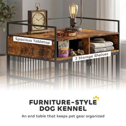 Dog Crate Furniture Side Table | Rotating Feeding Station | Storage Shelf | Double Door Lock | 20kg | Rustic Brown