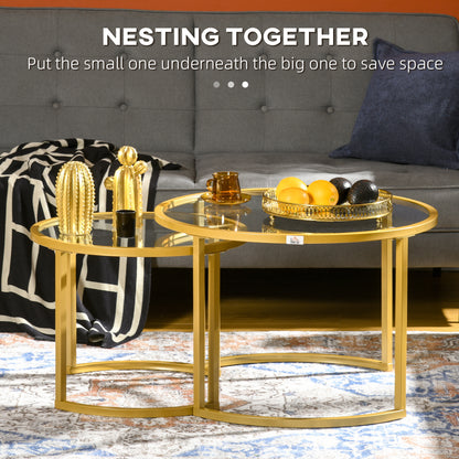 Coffee Table Set of 2, Modern Nest of Tables with Tempered Glass Top, Steel Frame for Living Room, Gold Tone