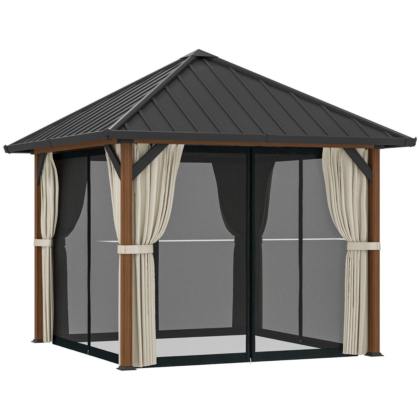 3 x 3(m) Hardtop Garden Gazebo W/ Galvanised Steel Roof & Water Gutter, Waterproof Permanent Pavilion for Patio, Deck, Walnut Wood Finish