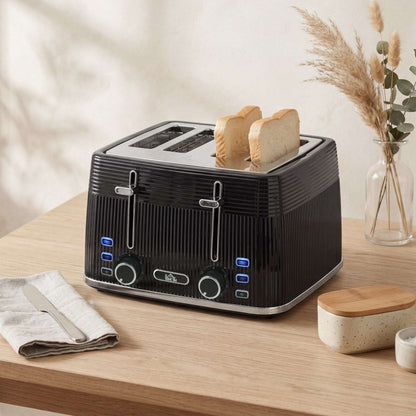 4-Slice Toaster | Dual Independent Controls | 7 Browning Settings | Defrost Reheat Cancel | Auto-Centering Guides | 2 Removable Crumb Trays | 1560-1860W | 29.3x27.3x18.9cm | Black
